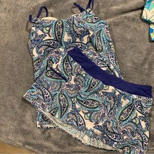 SunsetsTankini Swim Top Skirt‎ Set Paisley Blue White Swimwear Size 34E/32G